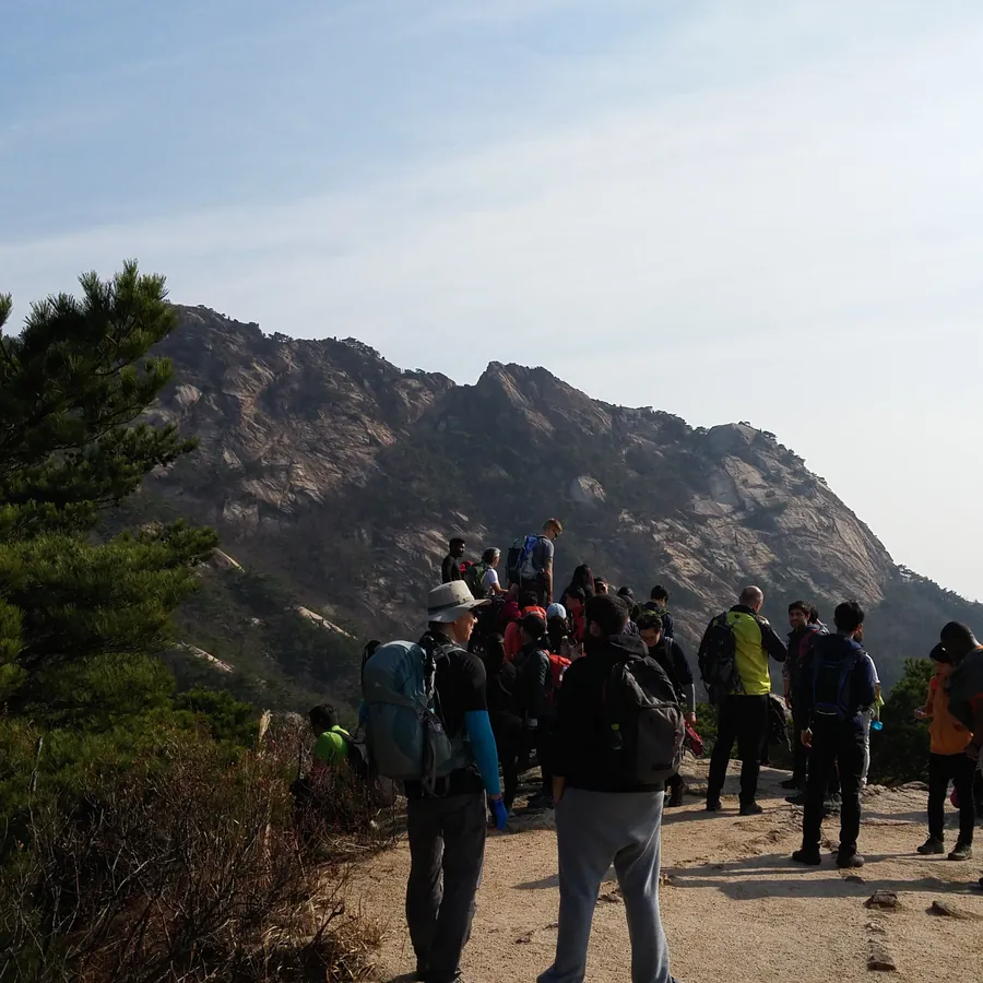 Hikers on a Korean mountain trail